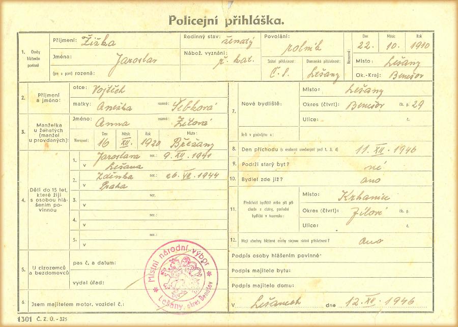 Policejní přihláška - 12.12.1946.a